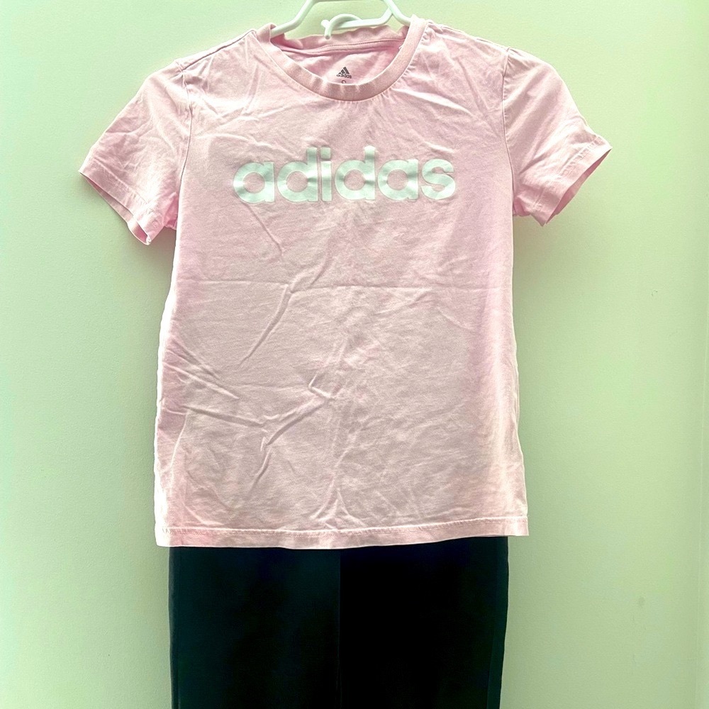 Adidas Black Joggers and Baby Pink T-Shirt 2 Piece Set Size Small